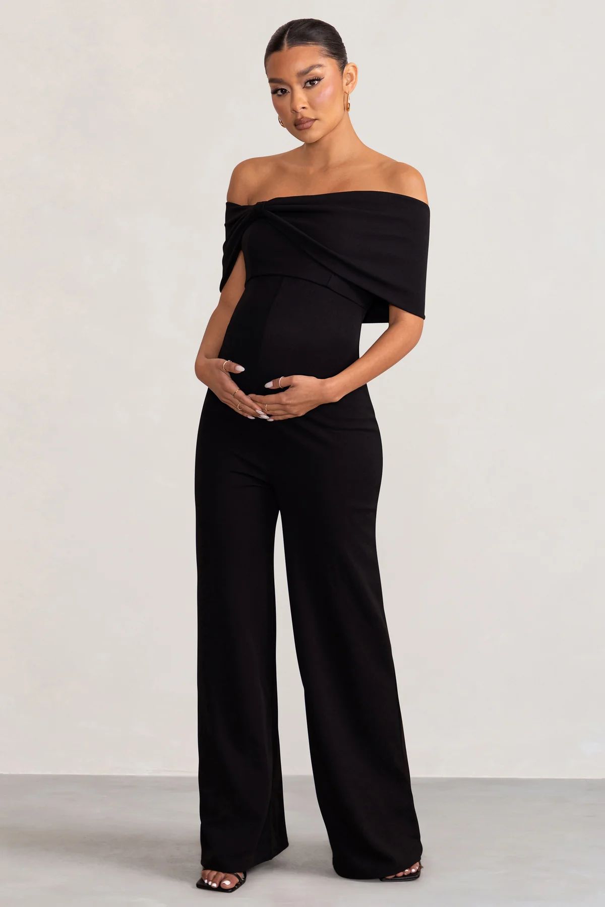 Meave | Black Bardot Bow Maternity Jumpsuit | Club L London