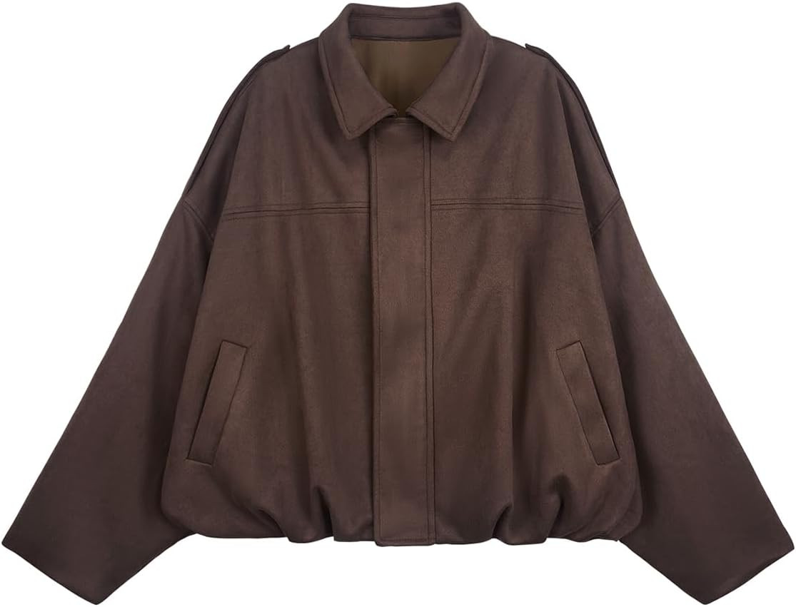 Womens Bomber Jacket Faux Suede Casual Cropped Pilot Coat Lapel Collar Causal Oversized Trendy Ou... | Amazon (US)
