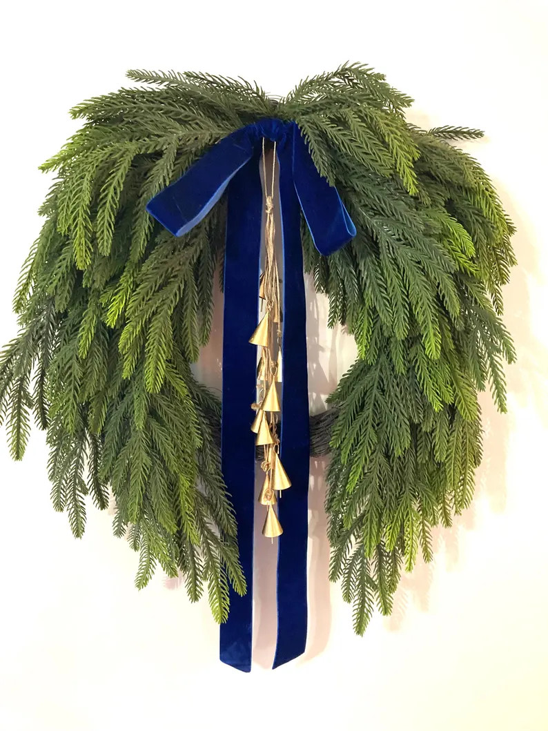 blue Christmas Wreath bow ribbon with bells royal blue velvet Christmas bow Wreath bow decor blue... | Etsy (US)