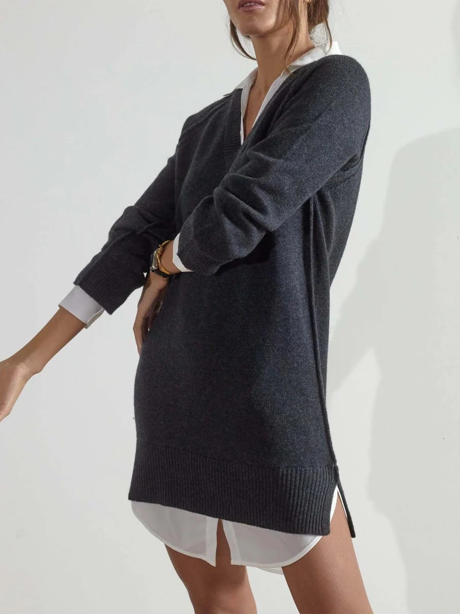 Brochu Walker | Women's Layered V-Neck Sweater Dress in Charcoal with White Underlayer | Brochu Walker