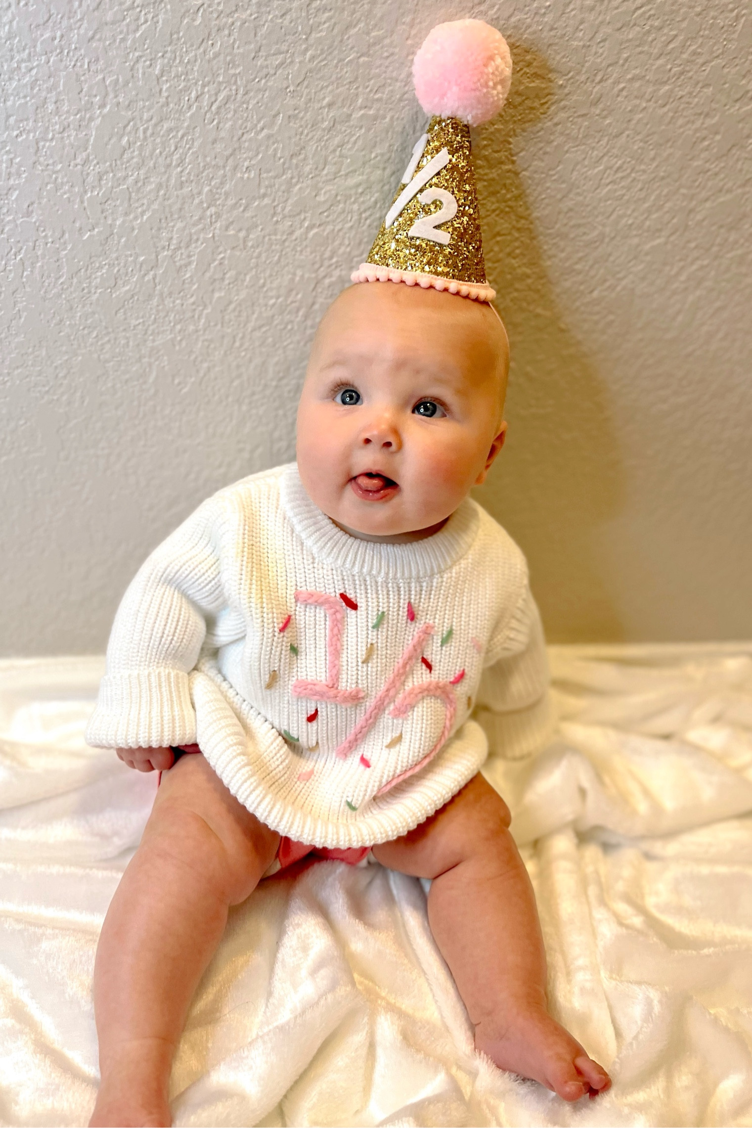 Baby outfit - baby photoshoot - 6 months - half birthday - half birthday crown - half birthday girl outfit - 1/2 a year - milestone photos - milestones - photoshoot - baby clothes - baby sweater - 1/2 year - baby photo 

#LTKBaby #LTKStyleTip