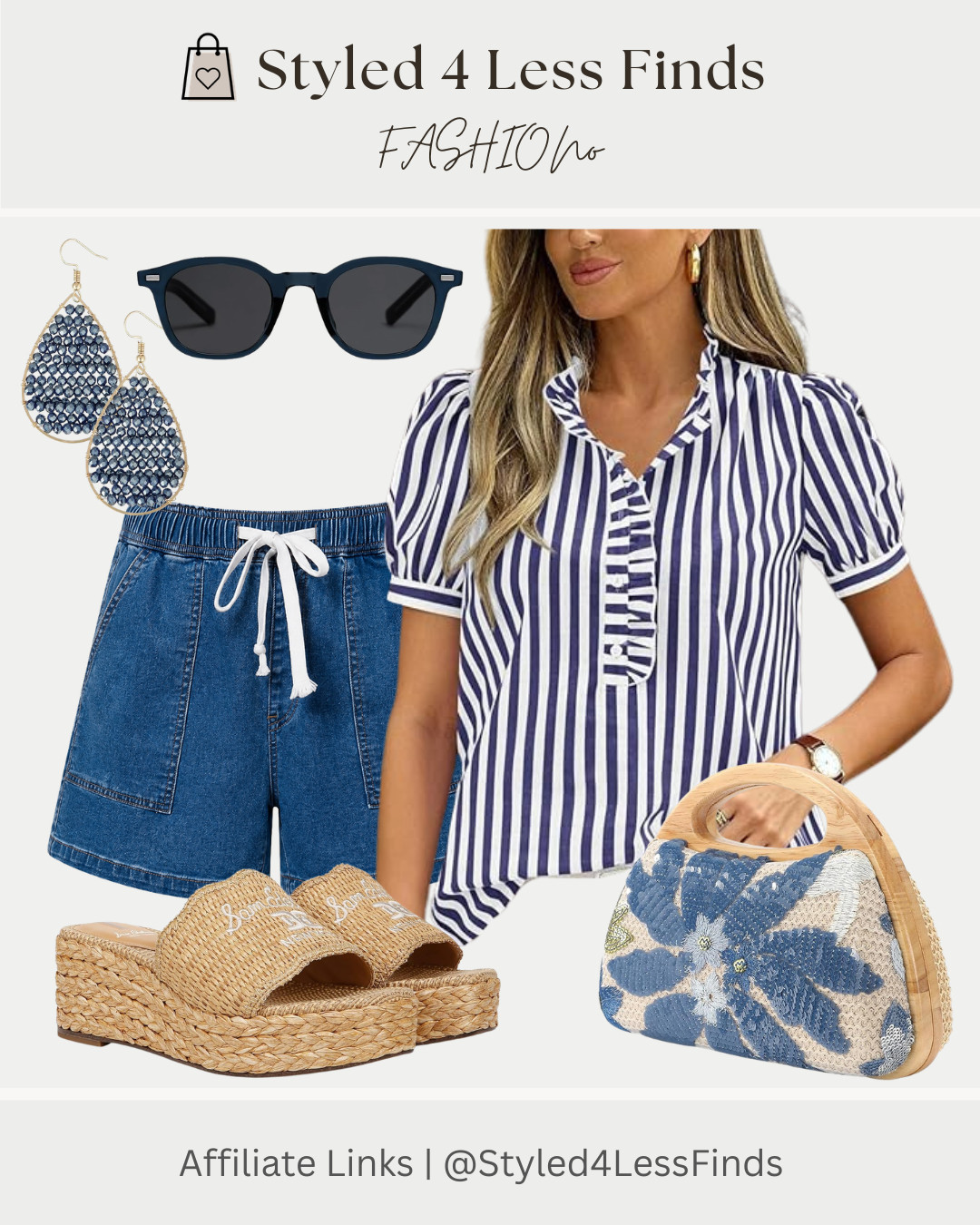 Blue + white stripes and woven textures are the ultimate summer combo 💙✨ This look is perfect for brunch, vacation strolls, or casual weekends while still looking effortlessly put together. The floral bag adds the prettiest statement touch, and those raffia wedges instantly elevate the outfit!

Style Tip: Pair striped tops with textured accessories like woven bags or raffia shoes to create that chic coastal-inspired look everyone loves this season. ☀️👜 

 #LTKcanada #LTKsummer #LTKover50style
