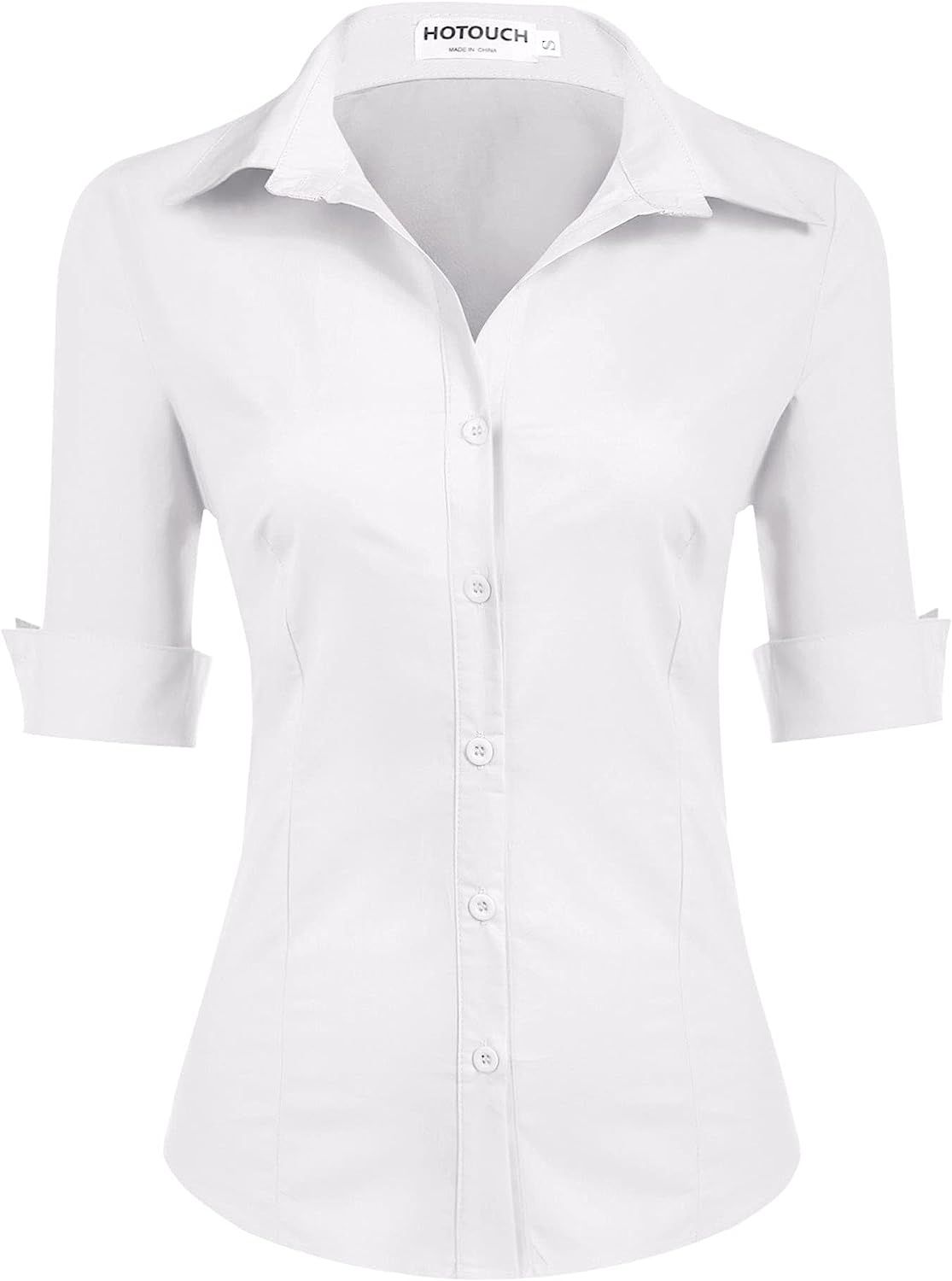 Hotouch Womens 3/4 Sleeve Basic Button Down Shirt Slim Fit Cotton Dress Shirts | Amazon (US)