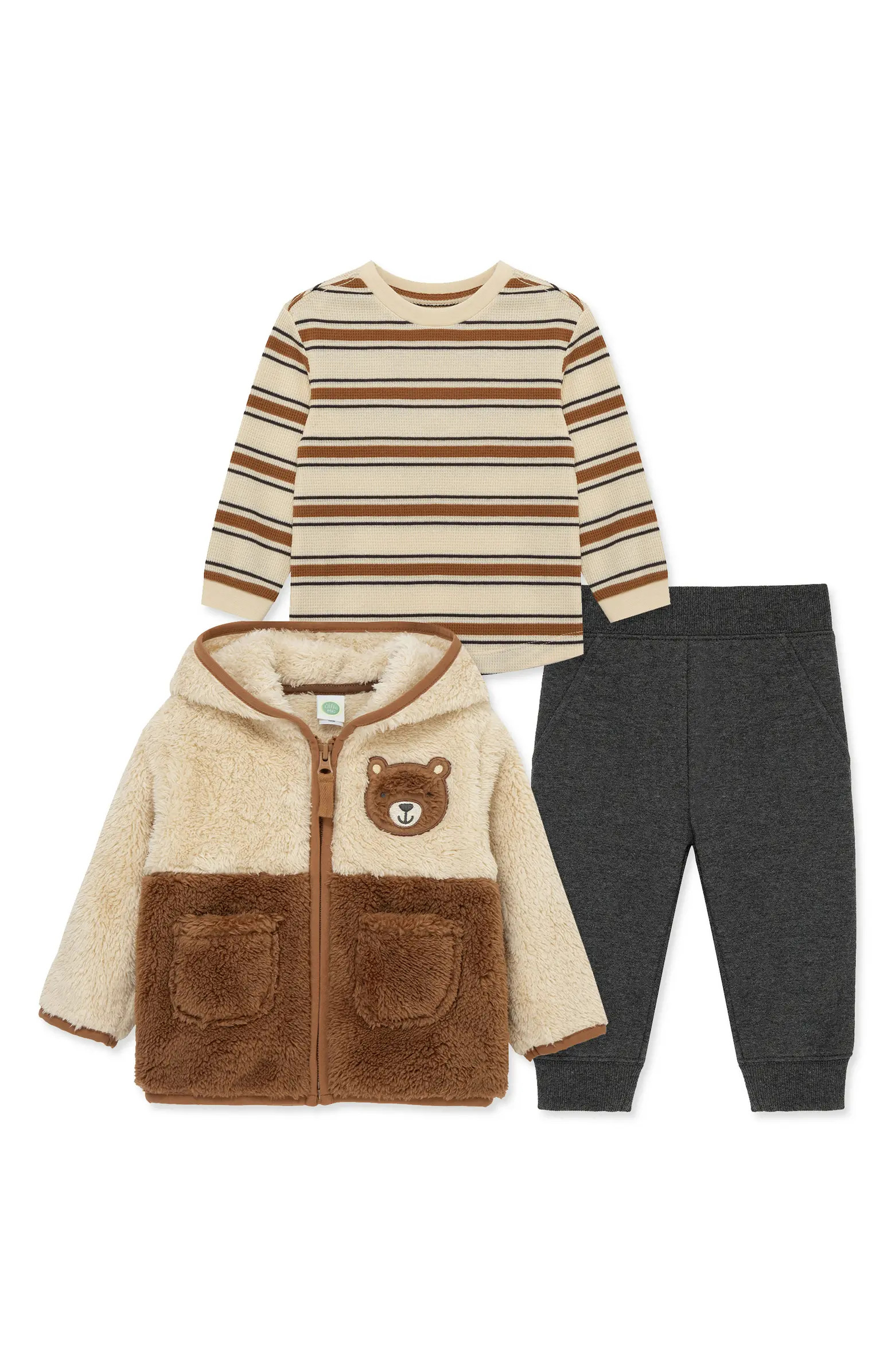 Colorblock Fleece Jacket, Stripe Thermal T-Shirt & Pants Set | Nordstrom