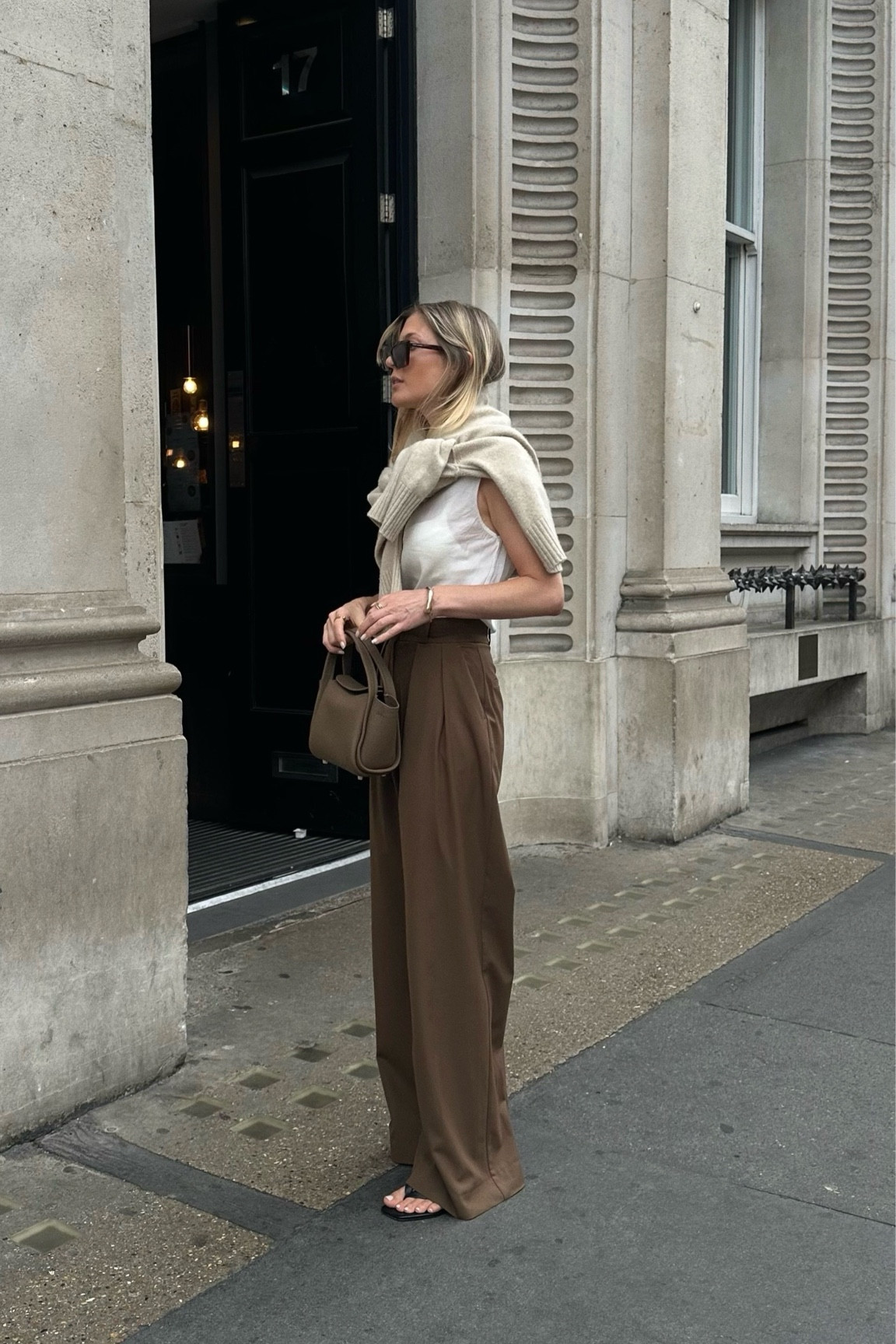 High street style, tailored trousers, neutral outfit, cashmere jumper, neutrals, autumn outfit, Toteme shoes, songmont bag, brown tones, autumn fashion 

#LTKautumn #LTKstyletip #LTKuk