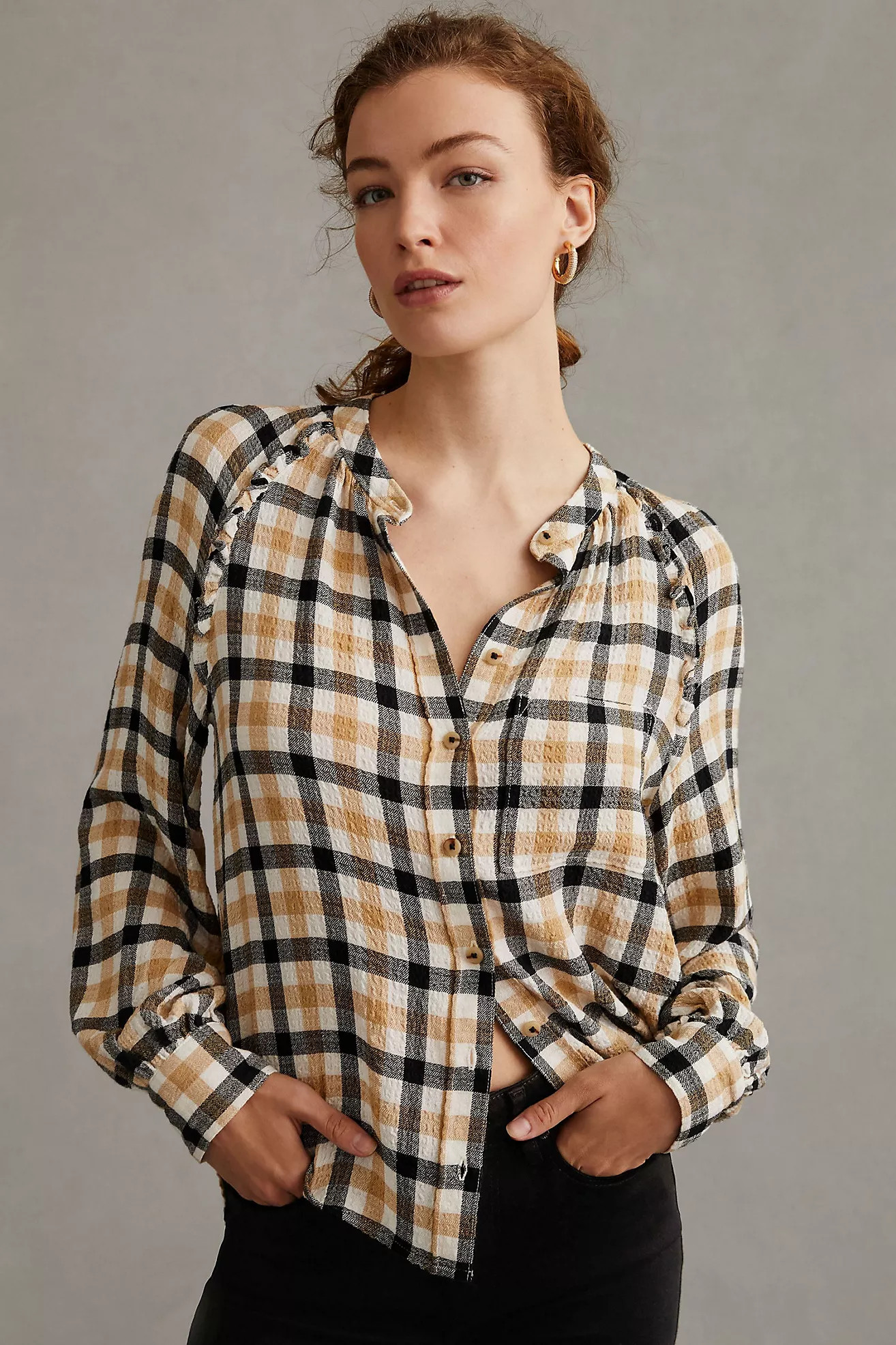 Pilcro Plaid Ruffled Buttondown | Anthropologie (US)