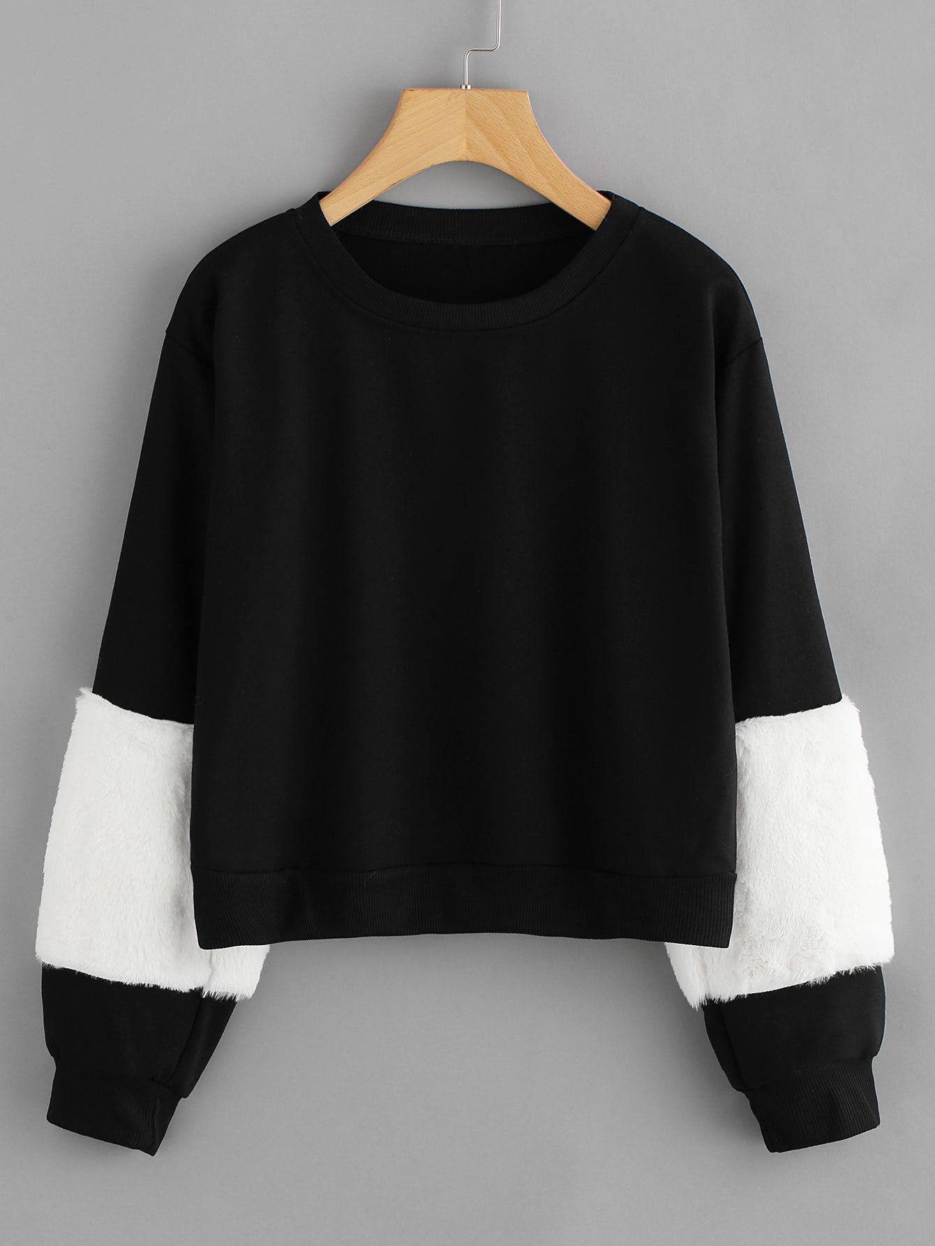 Color Block Faux Fur Sleeve Sweatshirt | ROMWE