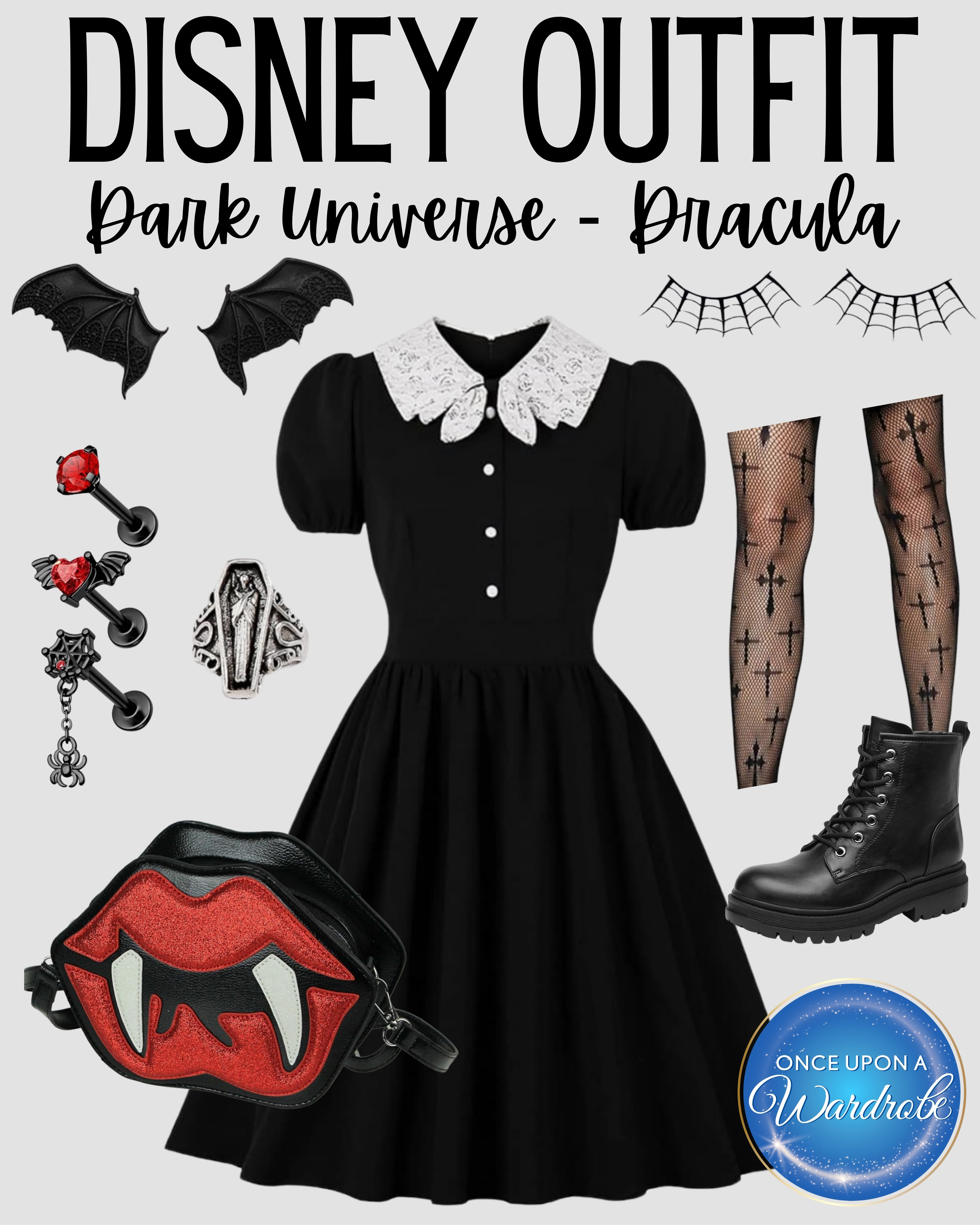 A Dracula-inspired outfit for Dark Universe at Epic Universe. This black collared dress pairs with cross-print tights, combat boots and vampire accessories for a wearable Universal outfit with classic monster details. The fang crossbody bag and gothic jewelry are perfect for exploring Darkmoor, eating at Das Stakehaus or visiting Epic Universe during Halloween season. 

 #LTKootd #LTKmomlife #LTKTravel