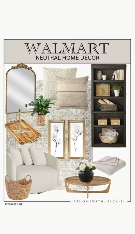 Walmart neutral home decor, black bookcase, mirror, accent table, coffee table, neutral rug, organic home, neutral home, neutral rug, wicker basket, framed wall art, arched bookcase, greenery plant. 

#LTKStyleTip #LTKHome