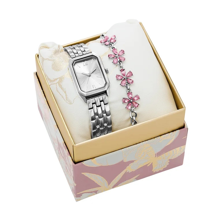 Folio Women’s 2pc Watch & Bracelet Set; 22mm Octagonal Alloy Case, Stone Metal Bracelet, Silver... | Walmart (US)