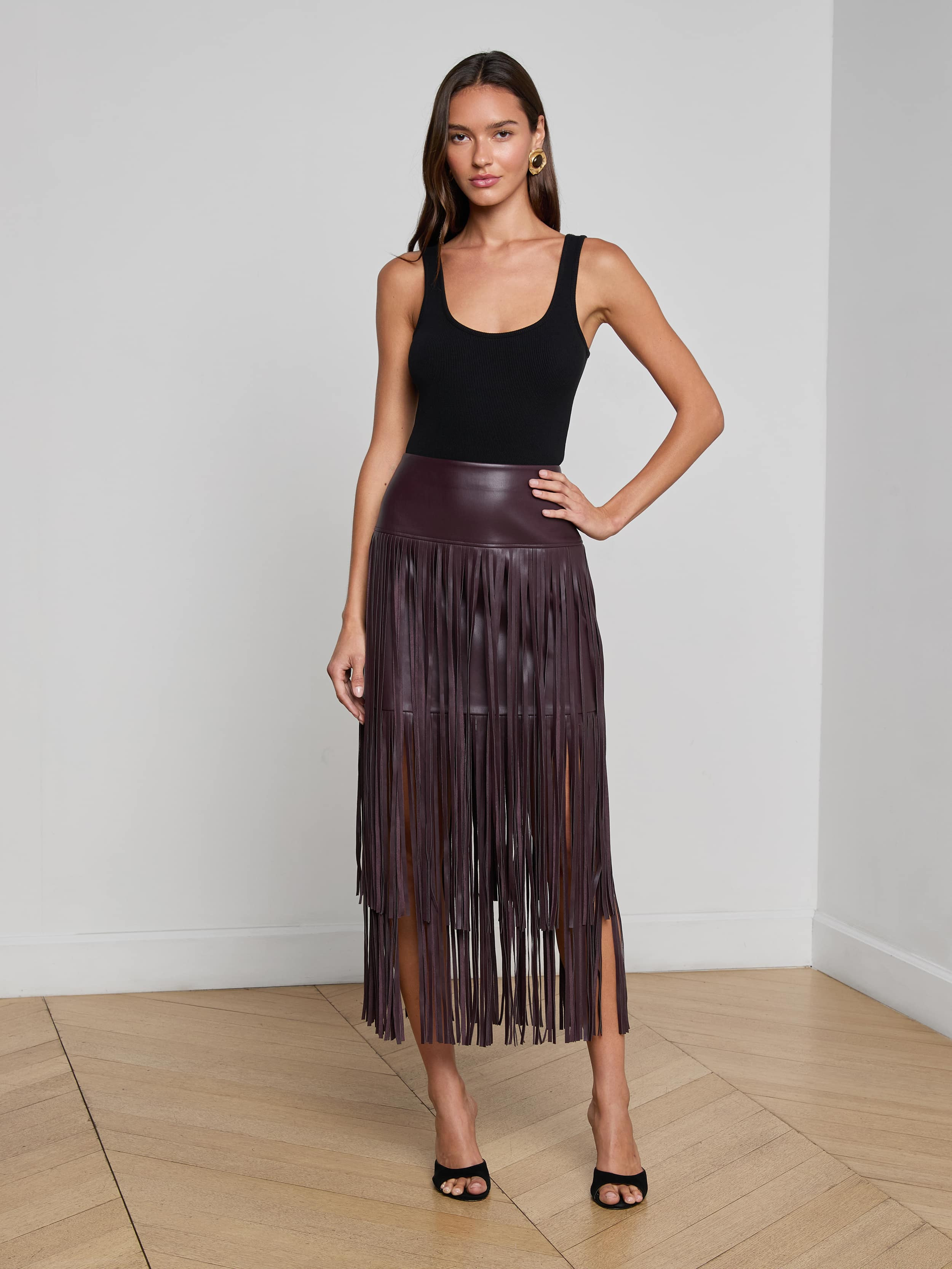 Karolina Fringe Skirt in Dark Malbec | L'AGENCE | L'Agence