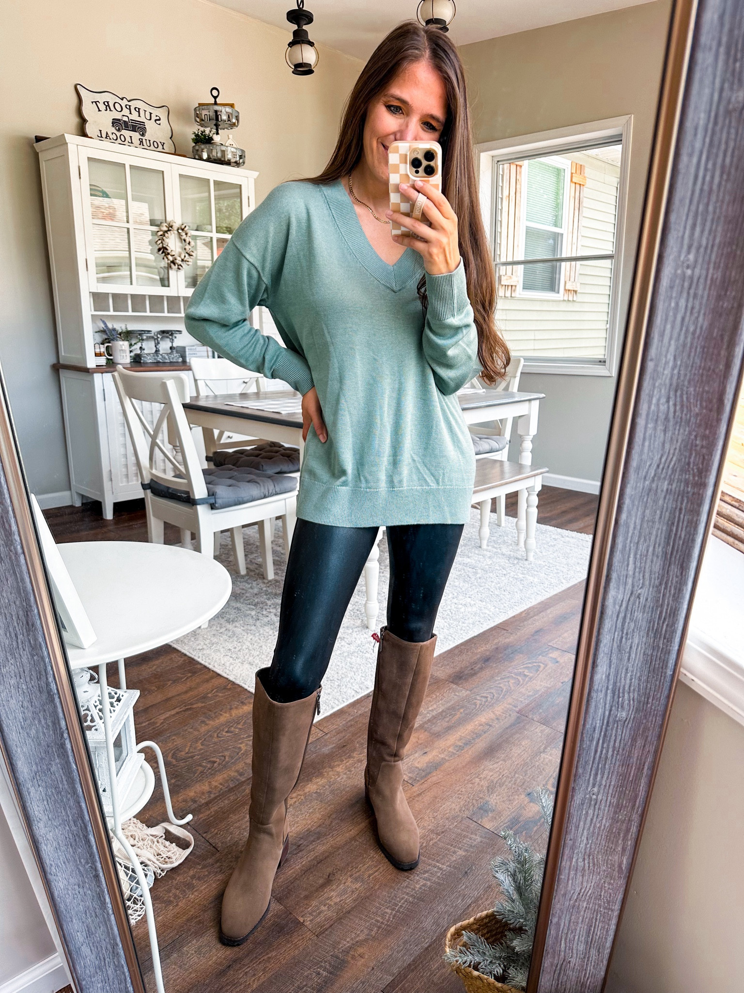Nsale still in stock! 
Beautiful sage green sweater XS 
Leggings small petite 
Boots tts 

#LTKxNSale #LTKSaleAlert #LTKStyleTip