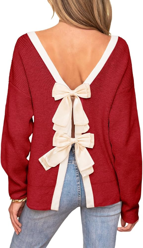 CUPSHE Women's Fall Pullover Top Bow Ribbed Knit Crew Neck Long Sleeve Contrast Trim Sweater | Amazon (US)