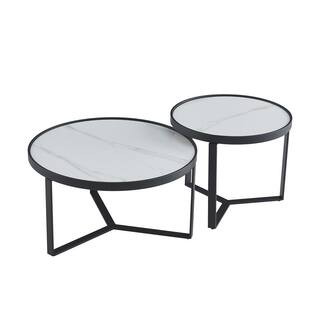 31.5 in. Marble Color Round Sintered Stone Modern Nesting Coffee Table with Black Metal Frame wit... | The Home Depot