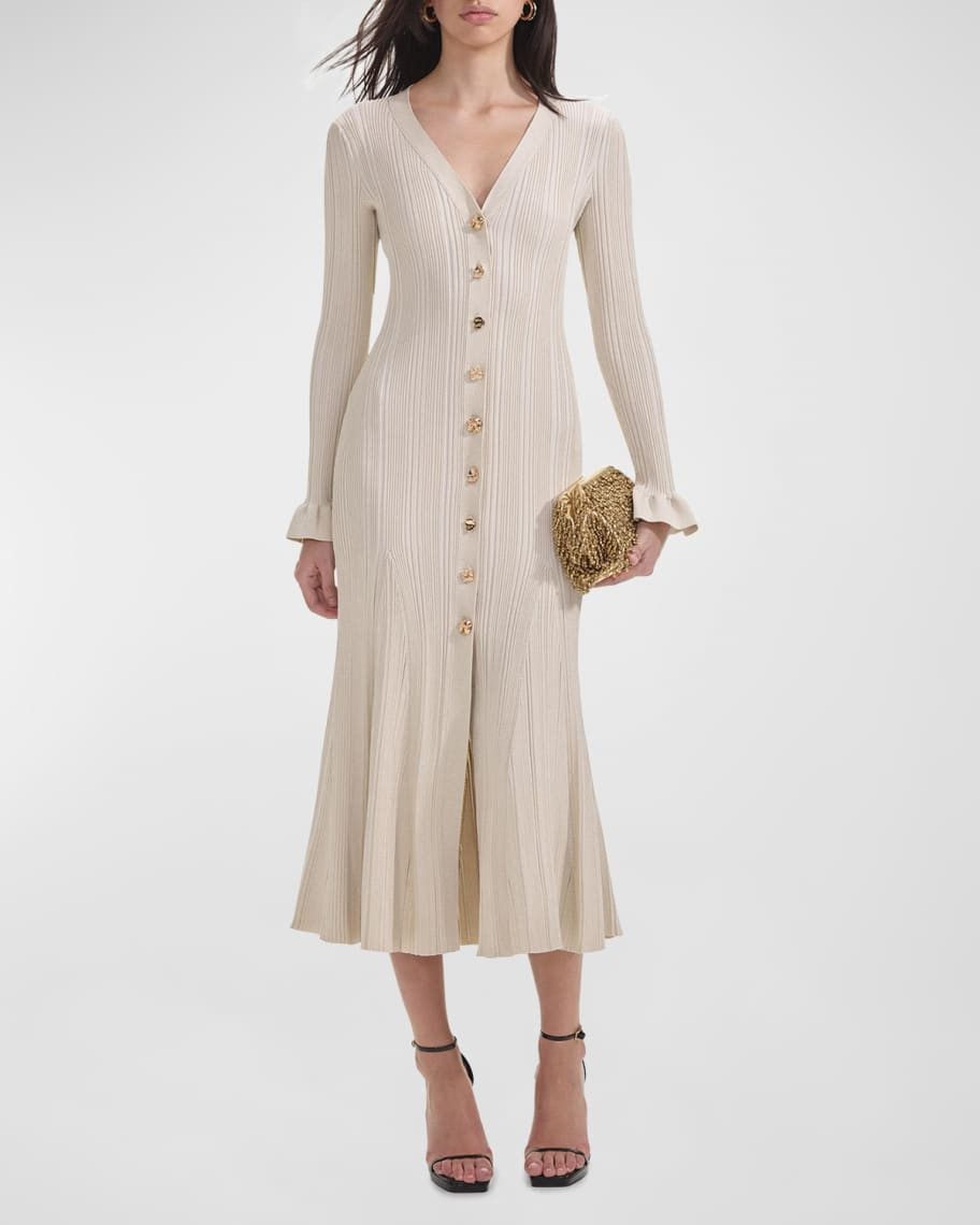 Self-Portrait Metallic Ribbed Ruffle-Cuff Midi Dress | Neiman Marcus