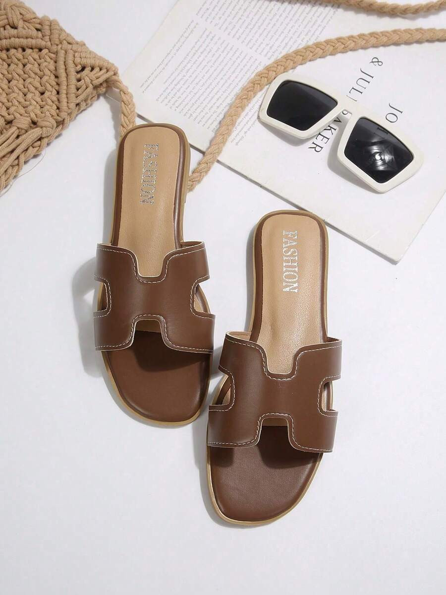 Women's H-Strap Flat Sandals, Square Toe Casual Slippers, Solid Color Western Wedding Style, Esse... | SHEIN