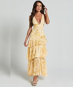 Women's Floral Maxi Dress Sexy Deep V Neck Backless Ruffles Dresses Beach Party Wedding Guest Dre... | Amazon (US)