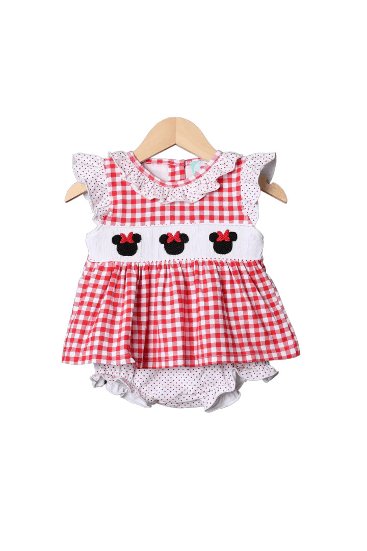 Hand Smocked Bitty Dot and Red Gingham Mouse Bloomer Set | The Smocked Flamingo