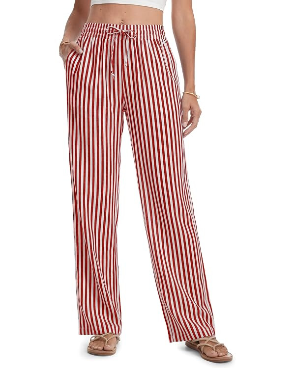 SEVEGO Tall Women 32"/34"/36" Inseam Striped Linen Pants Elastic Waist Wide Leg Pants Casual Summ... | Amazon (US)