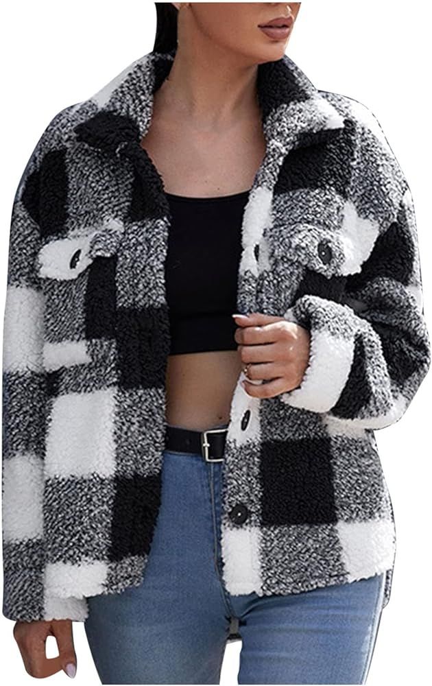 Womens Plaid Fuzzy Fleece Jacket Long Sleeve Lapel Button up Cardigan Plush Open Front Jackets Sh... | Amazon (US)