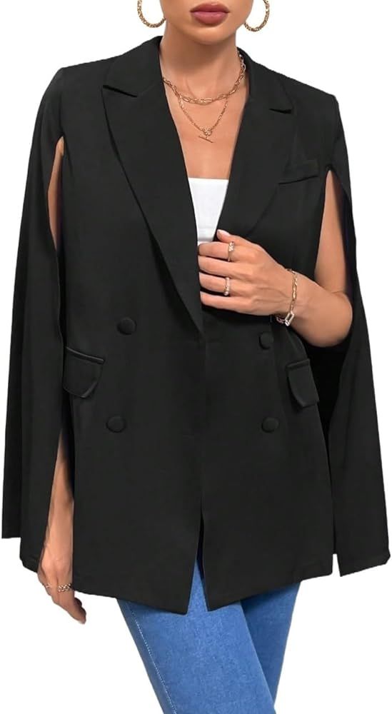 Womens Casual Blazers Cloak Sleeve Double Breasted Cape Blazer Office Jackets | Amazon (US)