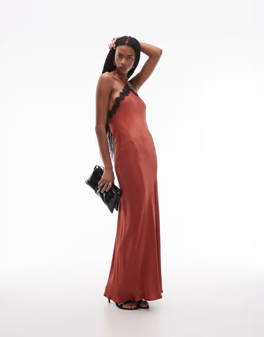 ASOS DESIGN halter neck satin slip maxi dress with lace trim in rust in rust-Orange | ASOS (Global)