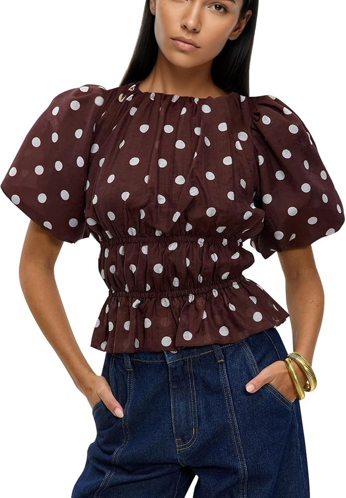 calbatic Women Polka Dot Peplum Tops Summer Puff Short Sleeve Ruched Waist Blouse Boat Neck Ruffl... | Amazon (US)