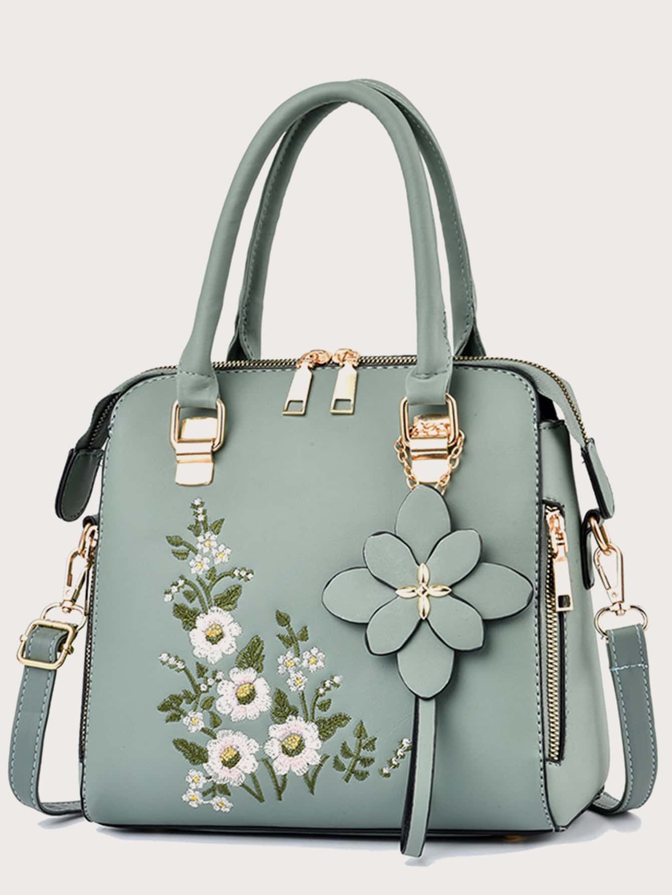 EMERY ROSE Floral Embroidery Square Bag With Floral Bag Charm | SHEIN