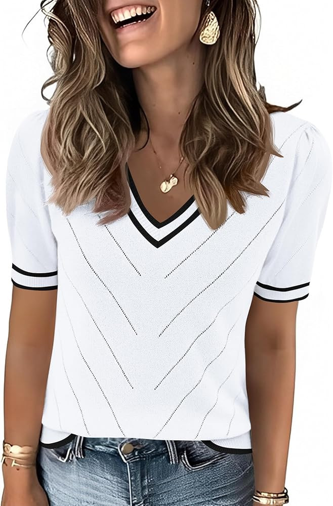 LOMON Womens Sweaters Puff Short Sleeve Lightweight Knit Summer Fall Tops Dressy V-Neck Work Blou... | Amazon (US)