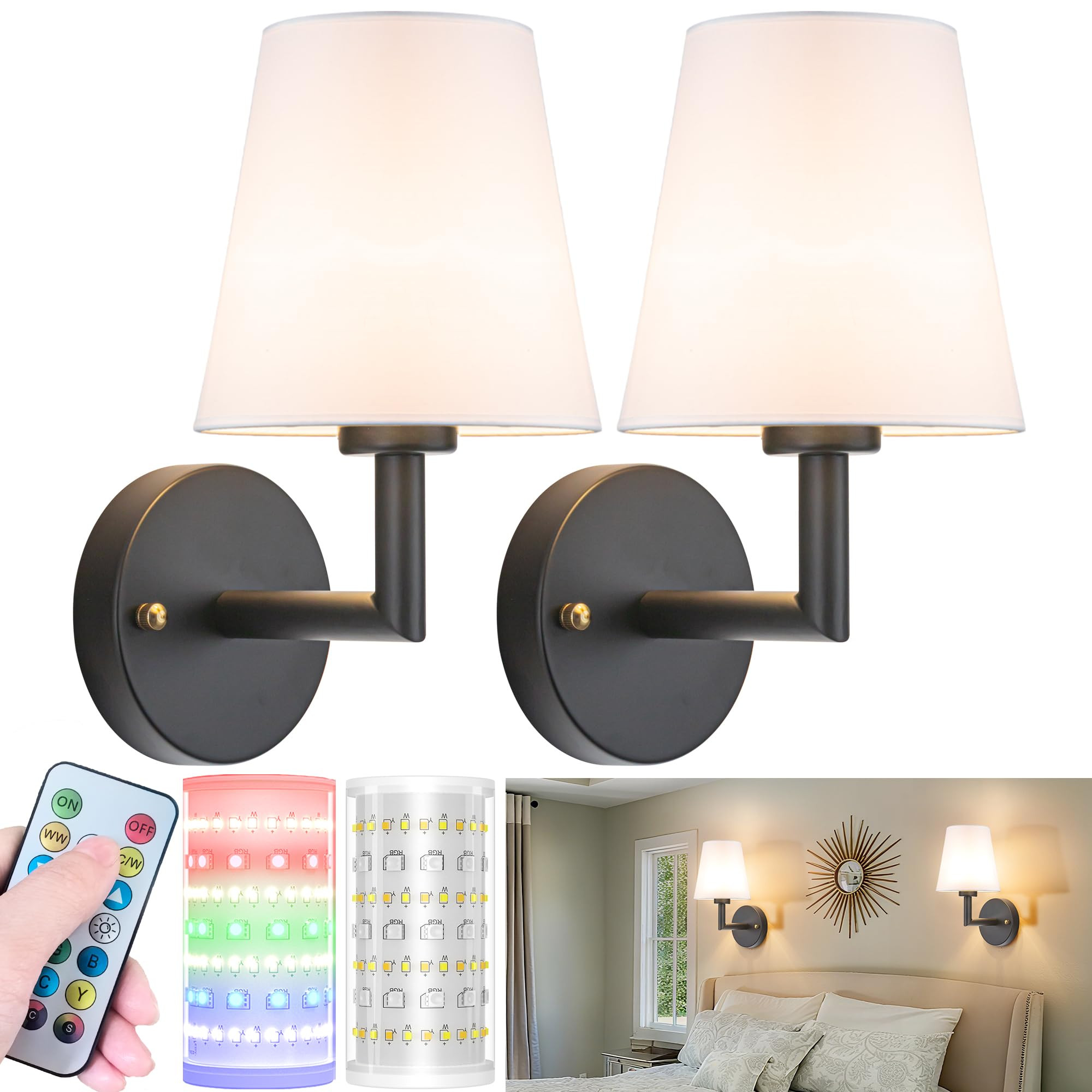 Battery Operated Wall Sconces Set of 2, Wireless Wall Light with 10000mAh RGB Dimmable Magnetic B... | Amazon (US)