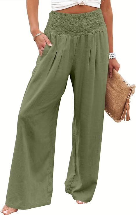 ANRABESS Women Linen Palazzo Pants Summer Boho Wide Leg High Waist Casual Lounge Pant 2024 Beach ... | Amazon (US)