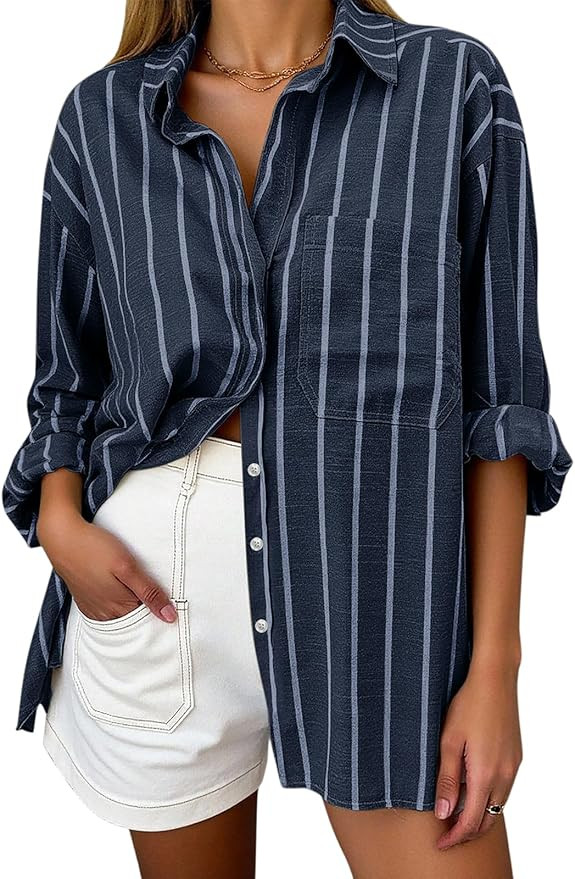Oversized Button Down Shirts for Women Linen Shirt Long Sleeve Collared Blouses with Pocket Beach... | Amazon (US)