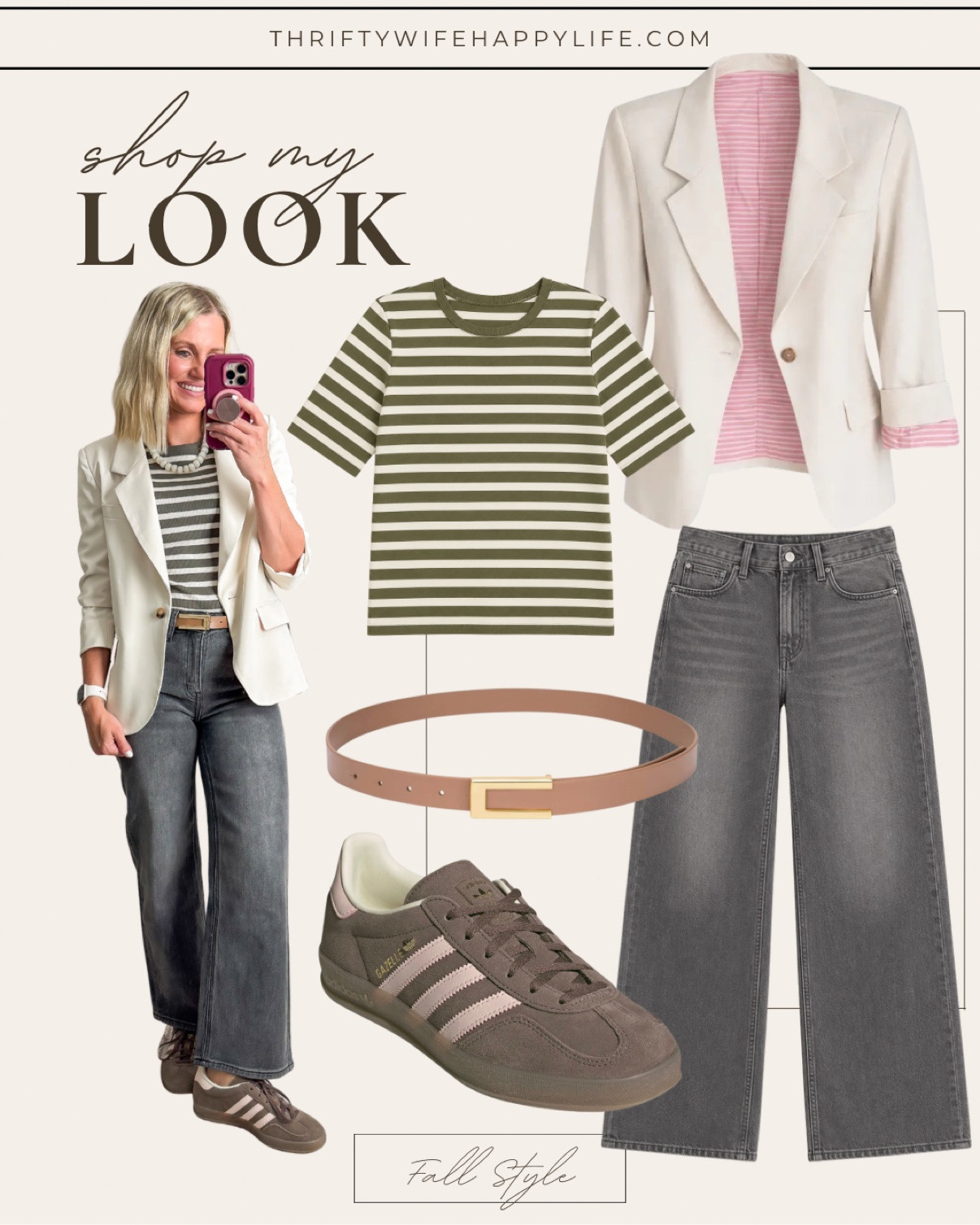 Shop my fall look: cream blazer, striped tee, gray wide-leg jeans, and sneakers 🍂