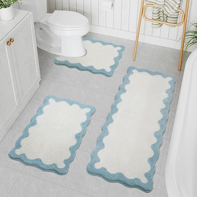 Uphome Blue Bathroom Rug Set Scalloped Non-Slip Absorbent Bathroom Mats Sets 3 Piece Cute Plush M... | Amazon (US)