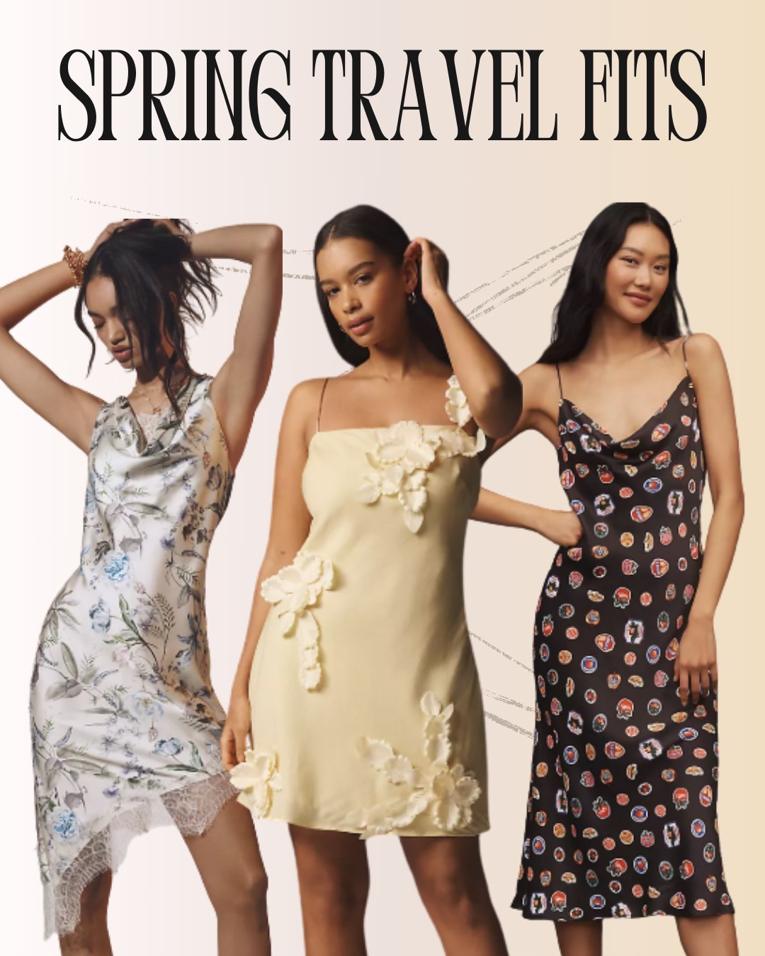 Vacation Outfits - Chic and Floral: Embrace spring travel in a cream dress adorned with stunning floral appliqués—perfect for capturing those picturesque moments. Statement Piece: Add bold elegance to your getaway wardrobe with a black dress featuring vibrant circular patterns. Classic Appeal: Radiate charm with a white floral lace-trim dress or go timeless with a fitted white bodice and flared skirt.

#LTKTravel