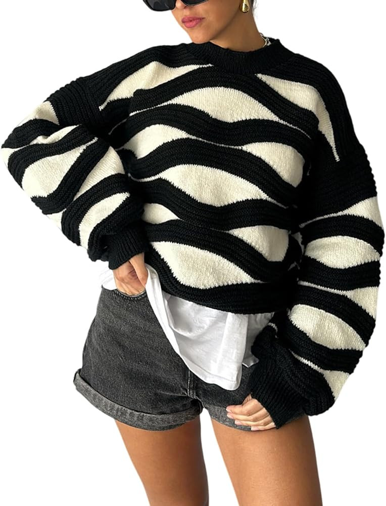 Yimoon Women's Striped Sweater Color Block Long Sleeve Crew Neck Sweater Oversized Comfy Loose Kn... | Amazon (US)