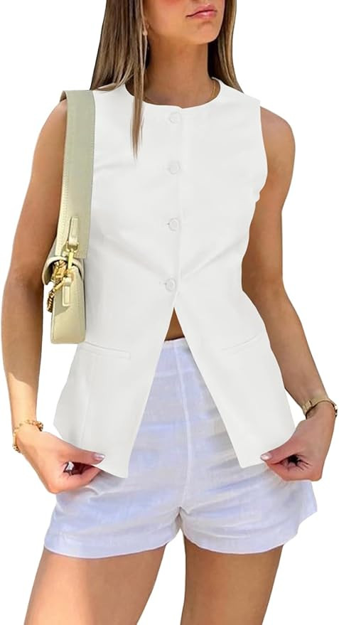 Cicy Bell Womens Round Neck Waistcoat Vest Summer Button up Vest Tops Casual Business Fitted Slee... | Amazon (US)