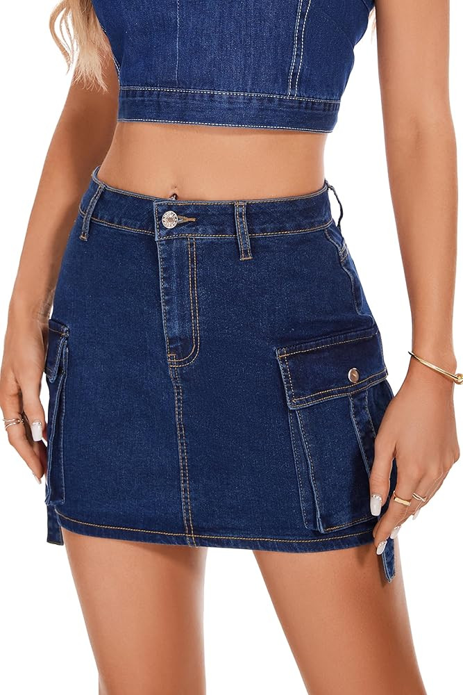 PEIQI Sexy High Waist Cargo Skirt for Women Stretchy Button Mini Cargo Denim Skirt with Pockets | Amazon (US)