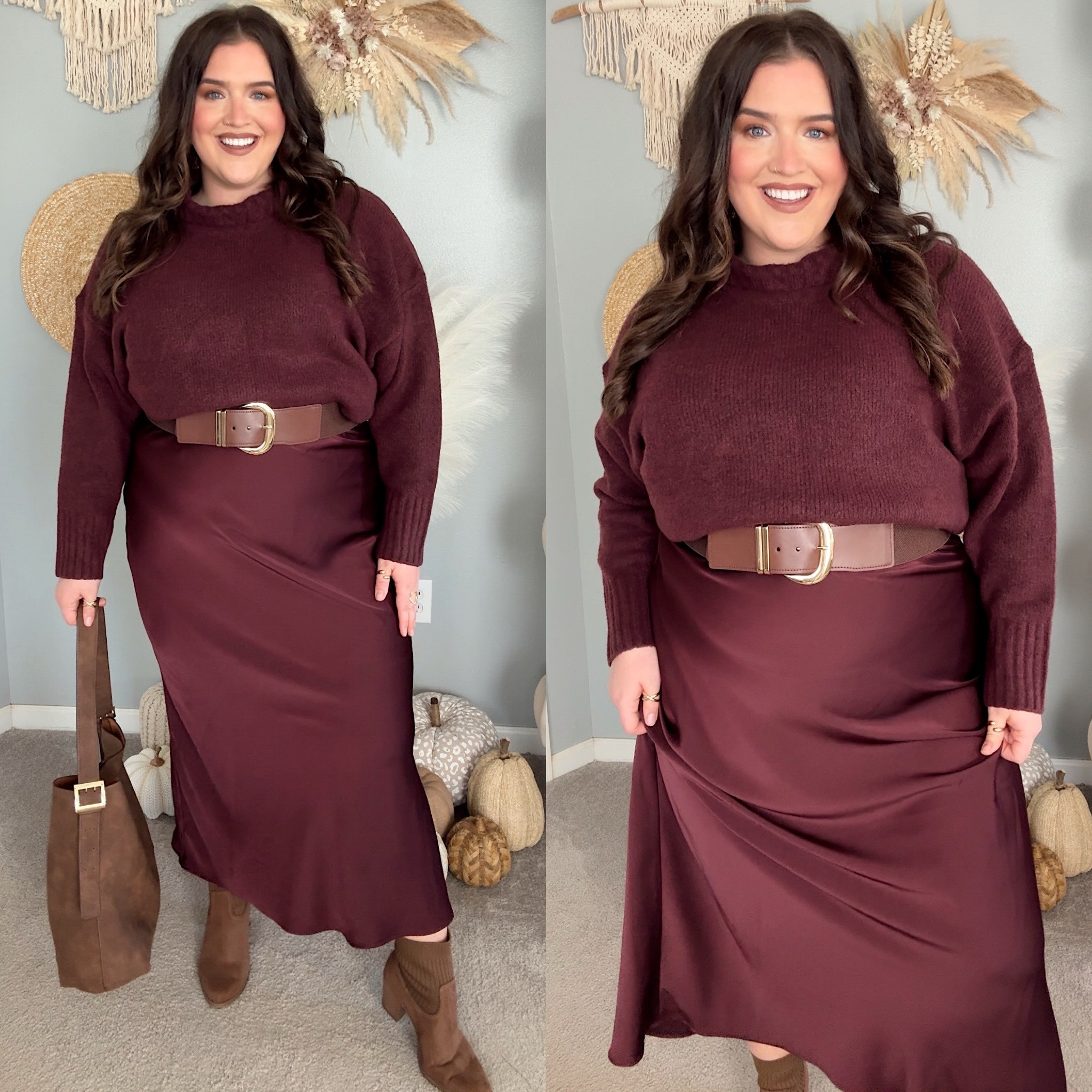 Thanksgiving outfit inspo 🍂 Love the colorblock burgundy style. Styled 2 different ways with a belt tucked and untucked. Great length. Very soft and stretchy sweater 
Top: XXL
Skirt: XXL

#LTKPlusSize #LTKStyleTip #LTKHoliday