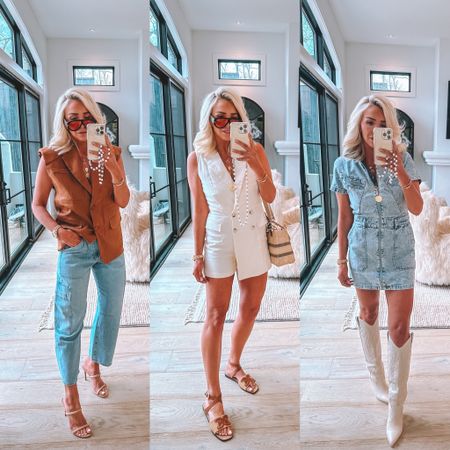 New spring ready looks! Wearing a small in blazer and a medium in romper and denim dress. 27 in denim 