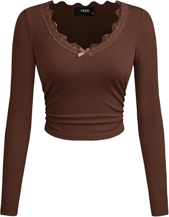 CIDER Women Y2K Lace Trim Crop Tops Long Sleeve Tee Shirt V Neck Bowknot Ruched Slim Fitted Basic... | Amazon (US)