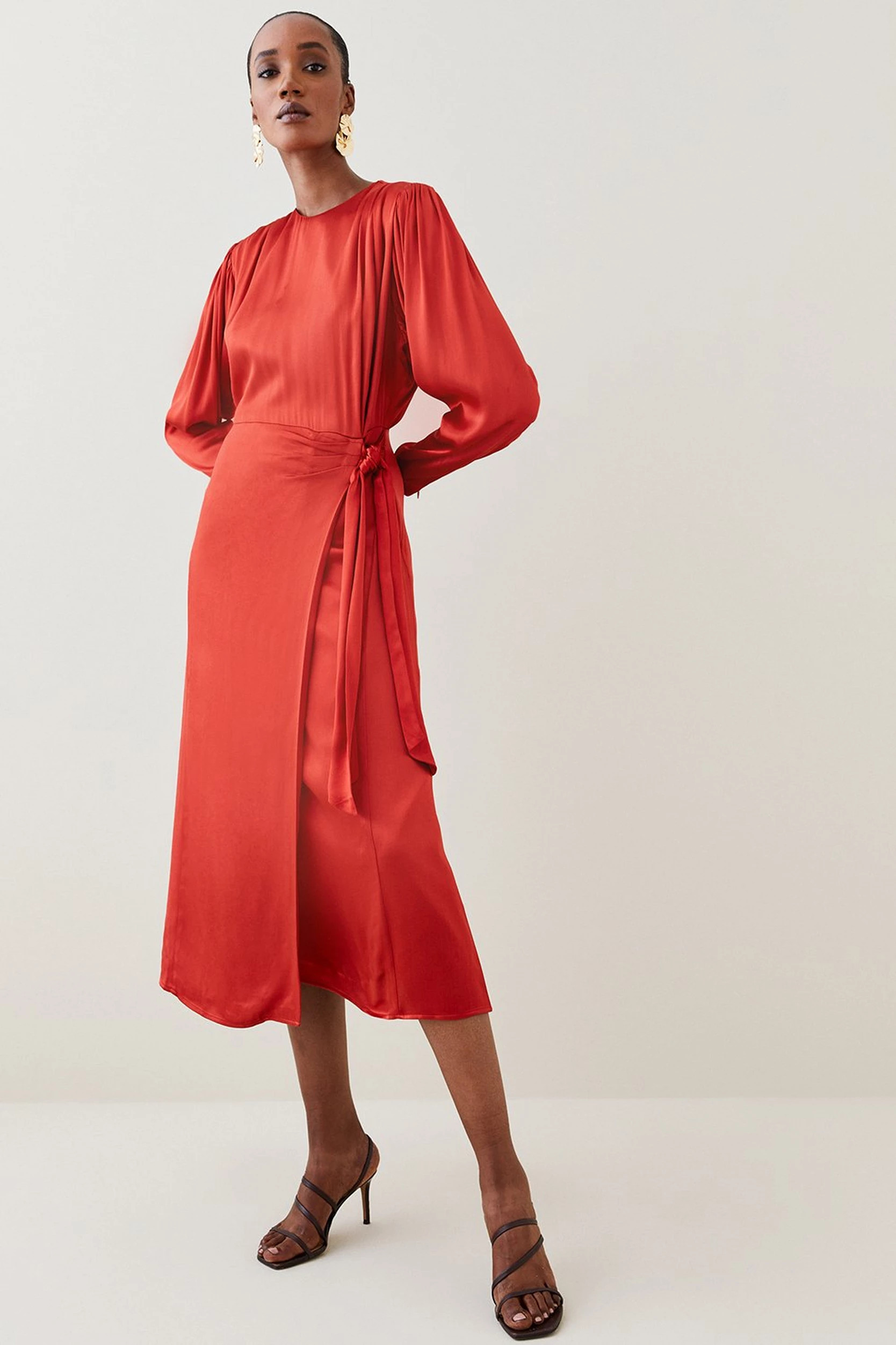 Viscose Satin Satin Batwing Wrap Midi Dress | Karen Millen UK + IE + DE + NL