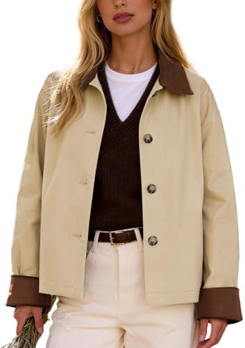 Flygo Womens Casual Jackets Cropped Trench Coat Contrast Collar Button Down Loose 2026 Spring Fal... | Amazon (US)