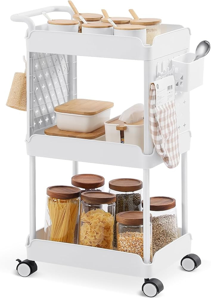 TOOLF Rolling Storage Cart, 3 Tier Rolling Utility Cart with Wheels, Kitchen Cart with Pegboard B... | Amazon (US)