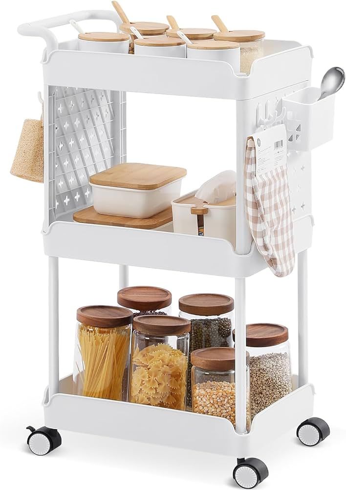 TOOLF Rolling Storage Cart, 3 Tier Rolling Utility Cart with Wheels, Kitchen Cart with Pegboard B... | Amazon (US)