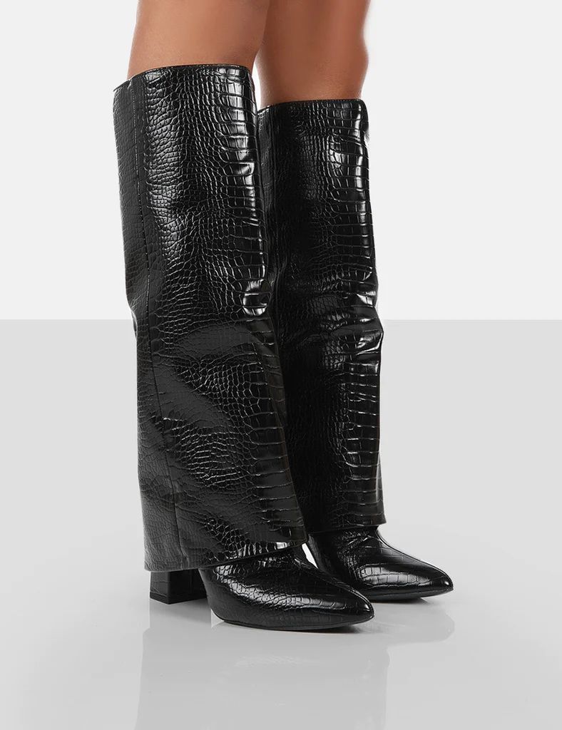 Zendaya Black Croc Pointed Toe Knee High Boots | Public Desire (US & CA)