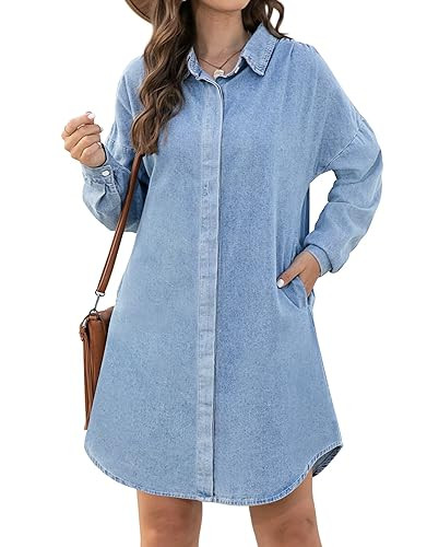 KDF Denim Dress for Women Long Sleeve Denim Shirt Dresses Women with Pockets Button Down Babydoll Jean Dresses for Women 2023 Light Blue Size Small | Amazon (US)