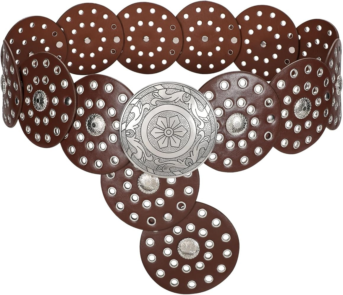 LEACOOLKEY Women's Boho Disc Belt Wide Western Leather Belt Vintage Concho Waist Belt for Dress J... | Amazon (US)