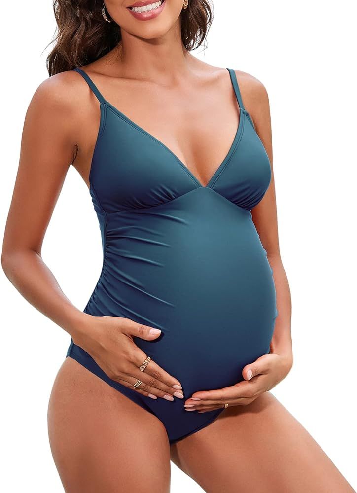 CUPSHE Maternity Swimsuit for Women One Piece Swimsuits Pregnancy Swimwear Spaghetti Straps Ruche... | Amazon (US)