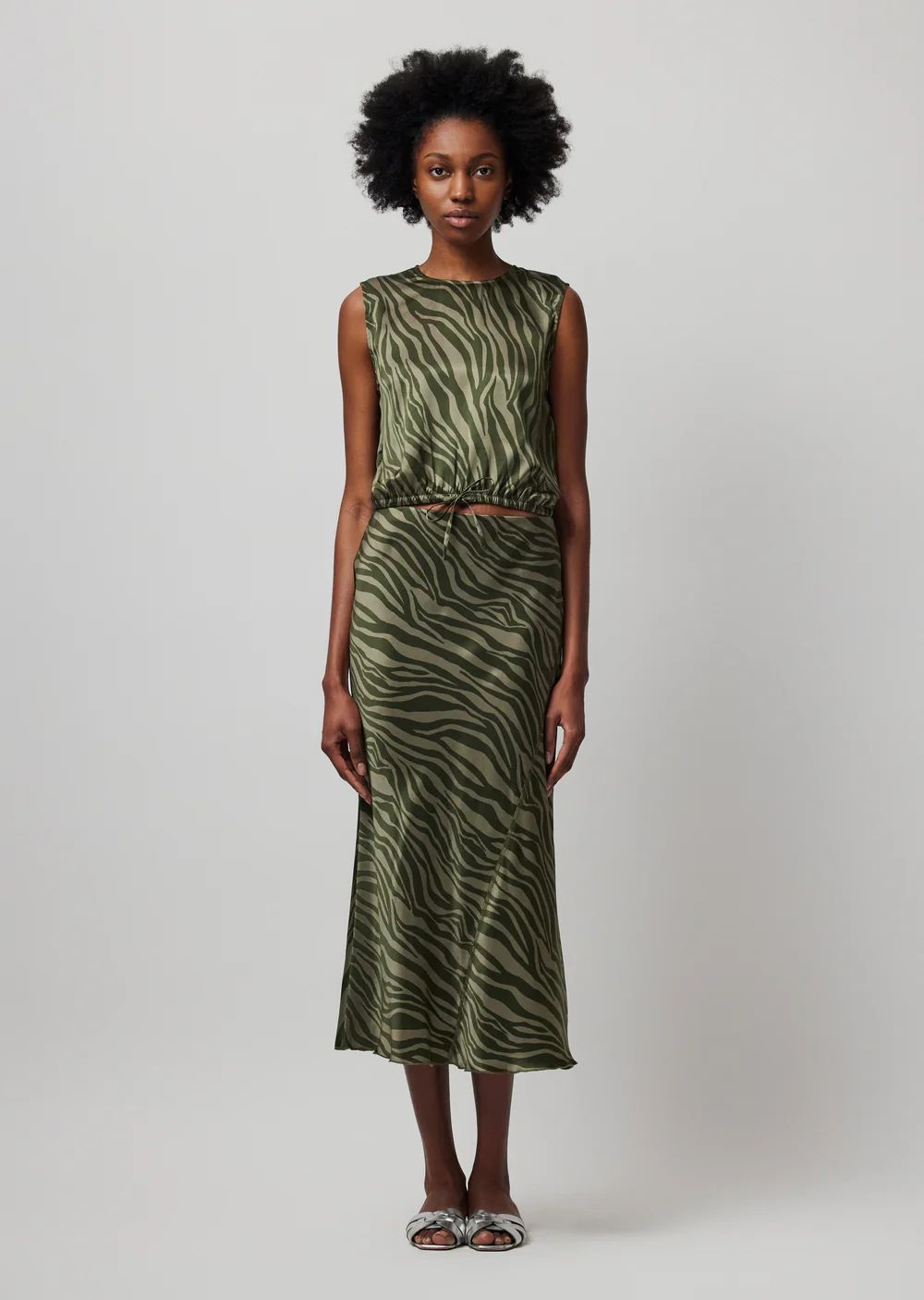 Silk Charmeuse with Zebra Stripe Maxi Skirt - Army Combo | ATM Collection
